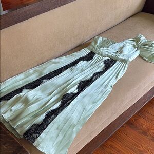 Self-Portrait Mint Green Satin with Black Lace One Shoulder Dress